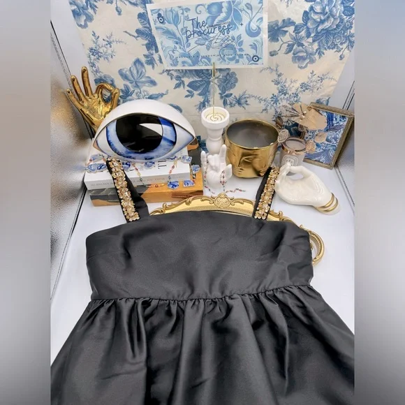 🆕 SELF-PORTRAIT 🧿 NWOT Embellished Taffeta Mini Dress, Black - Sz UK 10 / US 6 - Picture 3 of 17